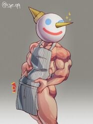  1boy almost_naked almost_nude apron apron_only bara buff color hi_res human human_only jack_box jack_in_the_box male male_focus male_only mascot muscular muscular_male nip_slip ohhh_i_cant_not_fuck_him sae_q9 solo solo_focus solo_male sweat vein we_demand_more_jack_box_rule34 wink winking_at_viewer 