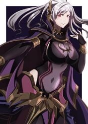  1girls absurdres alternate_costume black_background border breasts bridal_gauntlets cape cleavage covered_navel dark_persona female female_only fire_emblem fire_emblem_awakening fire_emblem_cipher fire_emblem_heroes grey_hair grima_(fire_emblem) grin hair_ornament highres large_breasts long_hair looking_at_viewer navel nintendo official_alternate_costume red_eyes robin_(female)_(fell_tactician)_(fire_emblem) robin_(fire_emblem) robin_(fire_emblem)_(female) see-through see-through_cleavage smile solo to_(tototo_tk) twintails white_border 