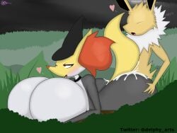  4:3 absurd_res anthro ass big_breasts big_butt bodily_fluids breasts clothing collar cum delphox delphyarts duo eeveelution female fur generation_1_pokemon generation_6_pokemon genital_fluids grey_body grey_fur hair hat headgear headwear hi_res jolteon looking_pleasured male male/female nintendo orange_hair orange_nose pokemon pokemon_(species) red_eyes tail white_body white_fur witch_hat yellow_body yellow_fur 