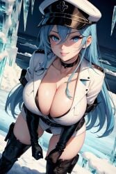  ai_generated big_breasts blue_eyes blue_hair cleavage esdeath_(akame_ga_kill!) milf military military_uniform snow 