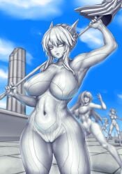  4girls armpit_cutout armpits artoria_pendragon_(lancer_alter) blue_sky broken_column cameltoe change_of_status cloud column covered_nipples day daytime depth_of_field facing_viewer fate_(series) female female_only french_braid horns huge_ass huge_breasts linea_alba lips long_hair medium_breasts midriff minamoto_no_raikou_(fate/grand_order) miyamoto_musashi_(fate) navel navel_cutout navel_line nipples no_bra no_bra_under_clothes no_panties outdoors petrification post_transformation pussy revealing_clothes ruins scathach_(fate) short_hair_with_long_locks skin_tight stack_bond statuefication statuefied stone_floor thick_thighs tight_clothing toned toned_belly toned_body toned_female toned_legs toned_stomach tongue_out transformation twintails underboob weapon wide_hips 