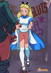  1boy 1girls alice_(disney) alice_in_wonderland alice_in_wonderland_(1951_film) alice_liddell athletic athletic_female blonde_hair blue_eyes breasts busty disney dress dress_lift female female_focus flashing flashing_pussy g-string g-string_aside going_commando hair_ribbon hourglass_figure kneesocks landing_strip lipstick long_hair makeup male masturbation medium_breasts penis pubes pubic_hair public_domain pussy tagme tekuho trimmed_pubic_hair vagina wide_hips 