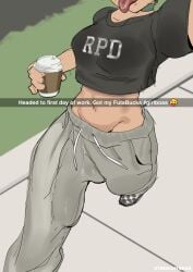  1futa ball_bulge balls balls_under_clothes big_penis breasts bulge cameltail clothed clothing english_text flaccid fully_clothed futa_only futanari grey_sweatpants high-angle_view human light-skinned_futanari light_skin midriff penis penis_bulge penis_under_clothes rebecca_chambers resident_evil selfie snapchat solo solo_futa standing streachybear sweatpants text walking 