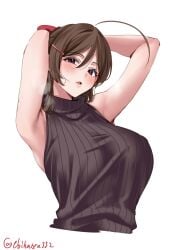  ahoge alternate_costume armpits arms_behind_head arms_up blush breasts brown_hair cropped_torso ebifurya female hair_between_eyes hair_ornament hair_ribbon hairclip heavy_breathing highres huge_ahoge kantai_collection large_breasts long_hair looking_at_viewer mamiya_(kantai_collection) one-hour_drawing_challenge parted_lips presenting_armpit purple_eyes ribbon sidelocks simple_background sleeveless sleeveless_turtleneck solo turtleneck twitter_username upper_body white_background 