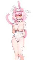  @_@ absurdres animal_ears arknights arm_behind_back blush braid breasts cat_ears cat_girl cat_tail closed_mouth collarbone covered_navel detached_collar embarrassed fake_animal_ears feet_out_of_frame female gluteal_fold goldenglow_(arknights) hairband hand_on_own_chest highres large_breasts leotard lightning_bolt_print long_hair looking_at_viewer nervous_smile nipples nose_blush pink_hair playboy_bunny rabbit_ears side_braid simple_background smile solo spoken_expression standing tail thigh_gap topless white_background white_hairband white_leotard yellow_eyes yon_(isieuniya) 