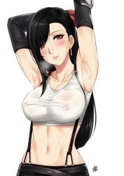  1girls armpits arms_up black_hair blush breasts earrings female female_only final_fantasy final_fantasy_vii highres jewelry long_hair nipples no_bra red_eyes see-through solo square_enix steaming_body sweat tifa_lockhart white_background xtermination 