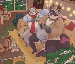  2023 ailurid anthro awa_awa belly big_belly blue_body blush canid canine canis christmas christmas_clothing christmas_decorations christmas_headwear christmas_tree clothing controller detailed_background domestic_dog duo furniture game_controller gaming generation_1_pokemon hat headgear headwear hi_res holidays inside kemono male male/male mammal nintendo overweight overweight_male plant playing_videogame plushie pokemon pokemon_(species) red_panda santa_hat scarf sitting snorlax sofa tree 