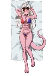  1girls abs android_21 android_21_(evil) athletic_female barefoot beach_towel big_breasts bikini black_nails black_sclera calf_muscles checkered_bikini costume dragon_ball dragon_ball_fighterz dragon_ball_z elf_ears feet fit_female glasses_on_head looking_at_viewer majin_android_21 monster_girl muscular_arms muscular_female muscular_legs muscular_thighs pink_body pink_skin pointy_ears red_eyes six_pack smiling smiling_at_viewer spiked_hair spiky_hair sunglasses sunglasses_on_head tail towel white_hair wink winking_at_viewer zquung 