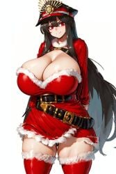  1girls ai_generated alternate_breast_size alternate_costume belt black_hair black_hat breasts cleavage closed_mouth curvy dress fate_(series) female female_only fur grin grinning grinning_at_viewer hair_between_eyes hat hourglass_figure huge_breasts large_breasts long_hair long_sleeves looking_at_viewer oda_nobunaga_(fate) red_dress red_eyes red_thighhighs santa_dress simple_background slim_waist solo thick_thighs thighhighs thighs white_background wide_hips 