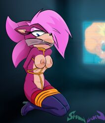  1girls 2d angry anthro blue_eyes bondage boots bound breasts color eyelashes female female_only furry gagged hedgehog nipples nude sega shaded shawnguku sonia_the_hedgehog sonic_(series) sonic_the_hedgehog_(series) sonic_underground thighhighs tied_up 