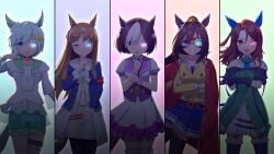  4girls 5girls animal_ears ao_komhur bare_shoulders black_pantyhose black_thighhighs blue_eyes blue_jacket bow bracelet brown_hair buttons clenched_hand commentary_request cowboy_shot crossed_arms domino_mask double-breasted dress ear_bow ear_covers ear_ornament el_condor_pasa_(umamusume) finger_to_mouth frilled_shirt frills glowing glowing_eye golden_generation_(umamusume) gradient_background grass_wonder_(umamusume) green_bow green_dress grey_hair grin hair_between_eyes hair_ornament hairclip holding_own_arm horse_ears horse_girl jacket jewelry king_halo_(umamusume) long_hair long_sleeves looking_at_viewer mask multicolored_hair multiple_girls off-shoulder_dress off_shoulder open_mouth pantyhose ponytail puffy_short_sleeves puffy_sleeves purple_bow purple_eyes red_eyes red_jacket seiun_sky_(umamusume) shirt short_sleeves single_ear_cover sleeveless sleeveless_shirt smile special_week_(umamusume) streaked_hair teeth thigh_strap thighhighs tongue tongue_out umamusume upper_teeth_only white_hair white_shirt white_thighhighs wristband yellow_shirt 