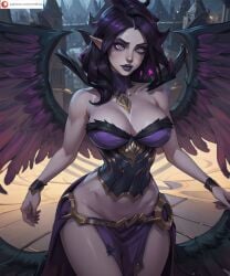 4k absurdres ai_generated big_eyes cmtilins cute_eyes demon_girl demon_wings highres league_of_legends medium_breasts morgana muscular_female narrow_waist purple_body ripped_clothing wide_hips 