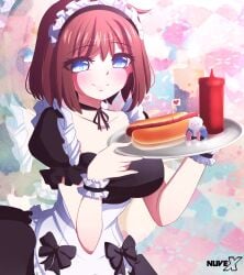  1girls 2d artist_name blue_eyes brown_hair frisk hot_dogging ketchup_bottle maid maid_apron maid_headdress maid_outfit maid_uniform nuvex plate sans solo undertale undertale_(series) 