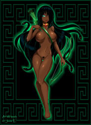  archer black_hair breasts brown_skin color cyan_eyes dark-skinned_female dark_skin exposed_breasts female female_only front_view gold_necklace hair_over_one_eye jessica_elwood mirage monster_girl nude pubic_hair ruby smile snake_hair solo vulva 