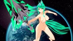  1girls areolae big_breasts breasts completely_nude completely_nude_female core_crystal earth_(planet) female female_only full_body green_eyes green_hair holding_weapon jetnsfw naked naked_female nipples nude nude_female pneuma_(xenoblade) solo solo_female space weapon xenoblade_(series) 