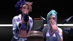  2girls 3d 3d_(artwork) abs akali backstage belt blonde_hair blue_hair clothed clothing crop_top dildo dress erevos eyes_open hand_over_mouth hand_over_own_mouth hands_together height_difference horse_dildo jacket k/da_all_out_akali k/da_all_out_seraphine k/da_all_out_series k/da_series league_of_legends looking_at_dildo neon neon_sign no_penetration no_sex open_mouth seraphine_(league_of_legends) shocked shocked_expression two_tone_hair 
