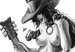  1girls accuracy0 black_and_white black_hair bob_cut female female_only greyscale guilty_gear i-no large_breasts monochrome open_mouth short_hair source_request tagme tongue tongue_out topless url watermark white_background 
