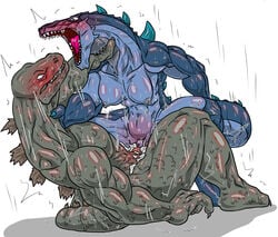  1boy 1girls allesey asphyxiation cowgirl_position cum_inside fight godzilla godzilla_(series) monster monster_girl nipples no_humans reptile reptile_humanoid scales scalie strangling tagme zilla 