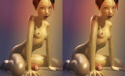  1futa 3d areolae brown_hair colored_background erect_nipples futa_focus futa_only futanari hands_on_floor highres intersex kneeling looking_at_viewer mouth_open nipples nude oc original_character penis rib_cage short_hair small_breasts solo solo_futa stereogram text yellow_eyes 